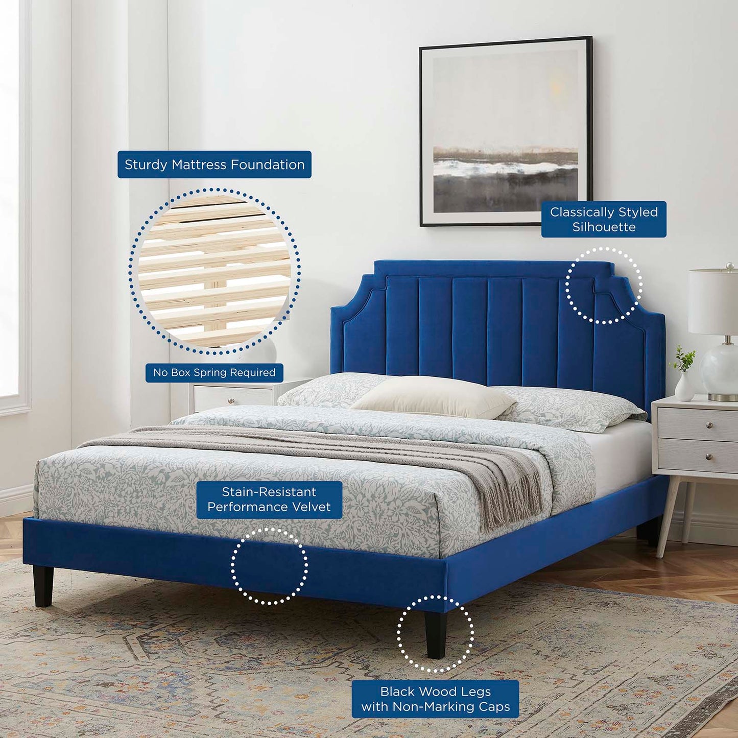 Sienna Performance Velvet Queen Platform Bed, Velvet, Blue Navy, 23453