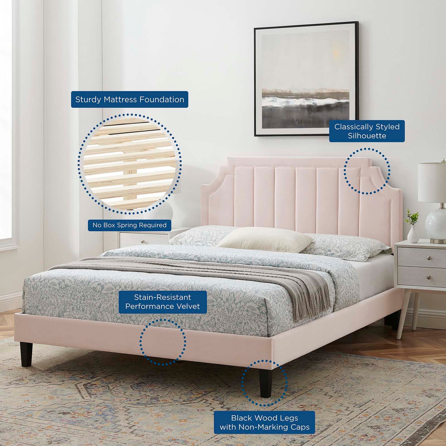 Sienna Performance Velvet Queen Platform Bed, Velvet, Pink, 23454