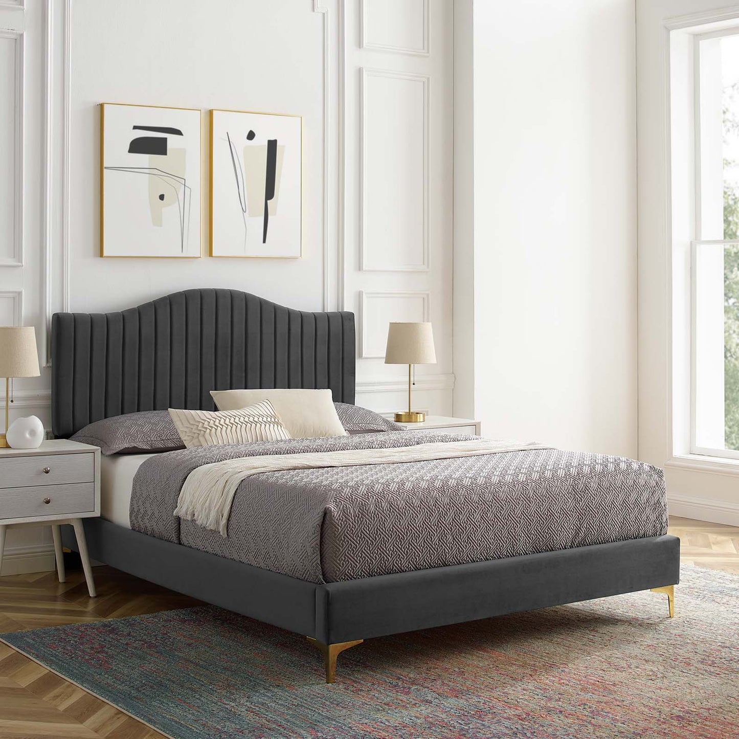Juniper Channel Tufted Performance Velvet Queen Platform Bed, Velvet, Dark Grey Gray, 22614