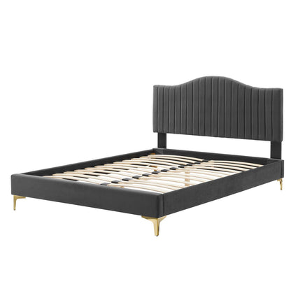 Juniper Channel Tufted Performance Velvet Queen Platform Bed, Velvet, Dark Grey Gray, 22614