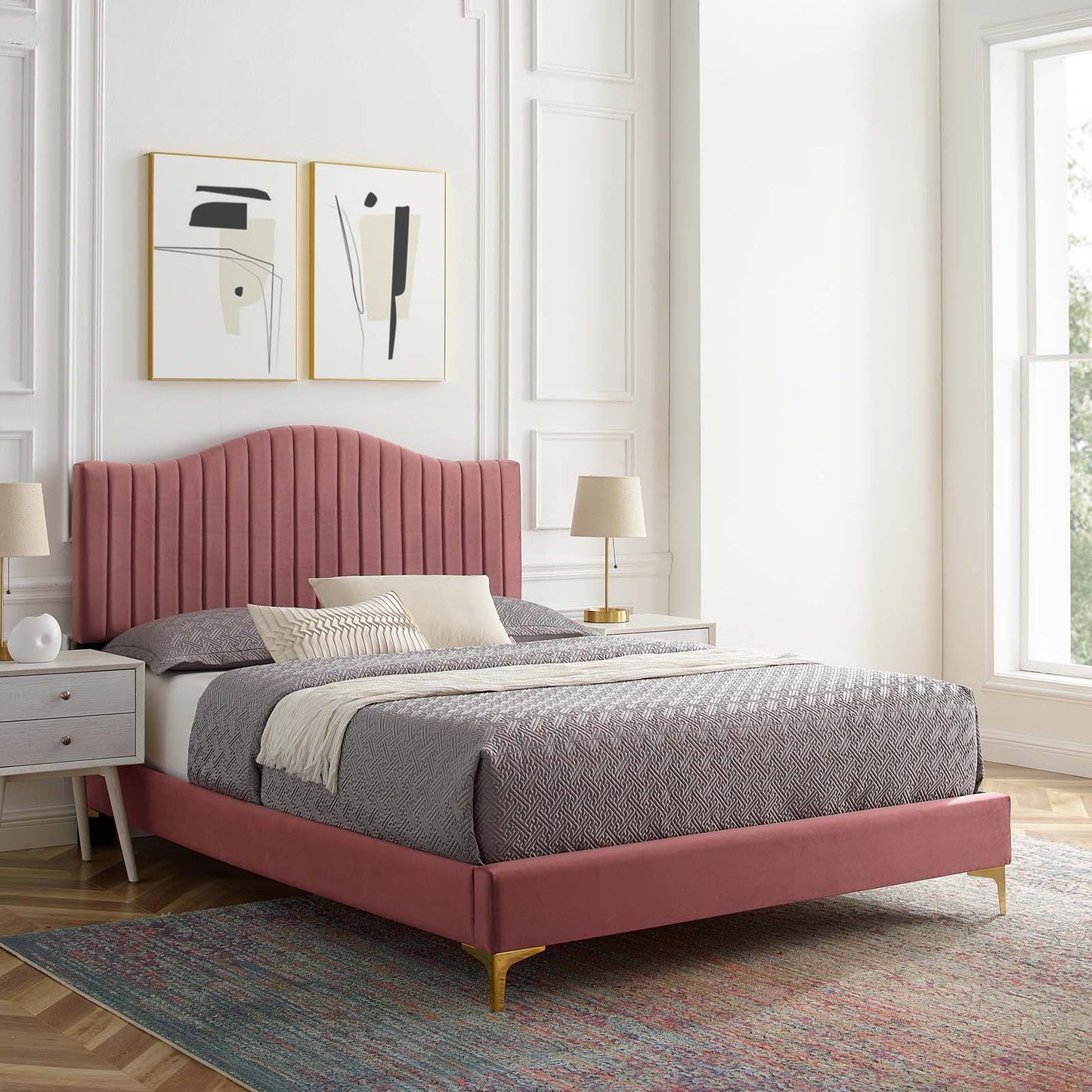 Juniper Channel Tufted Performance Velvet Queen Platform Bed, Velvet, Pink, 22615