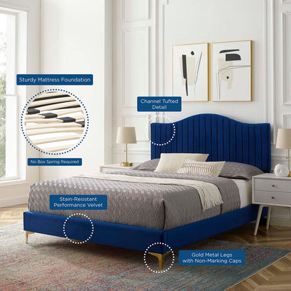 Juniper Channel Tufted Performance Velvet Queen Platform Bed, Velvet, Blue Navy, 22616