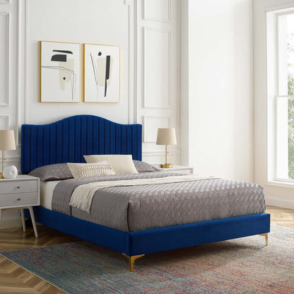 Juniper Channel Tufted Performance Velvet Queen Platform Bed, Velvet, Blue Navy, 22616