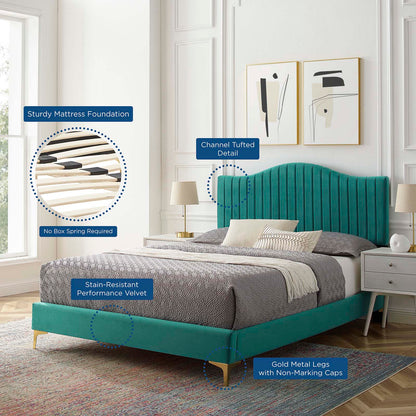Juniper Channel Tufted Performance Velvet Queen Platform Bed, Velvet, Teal Blue, 22617