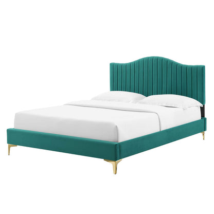 Juniper Channel Tufted Performance Velvet Queen Platform Bed, Velvet, Teal Blue, 22617