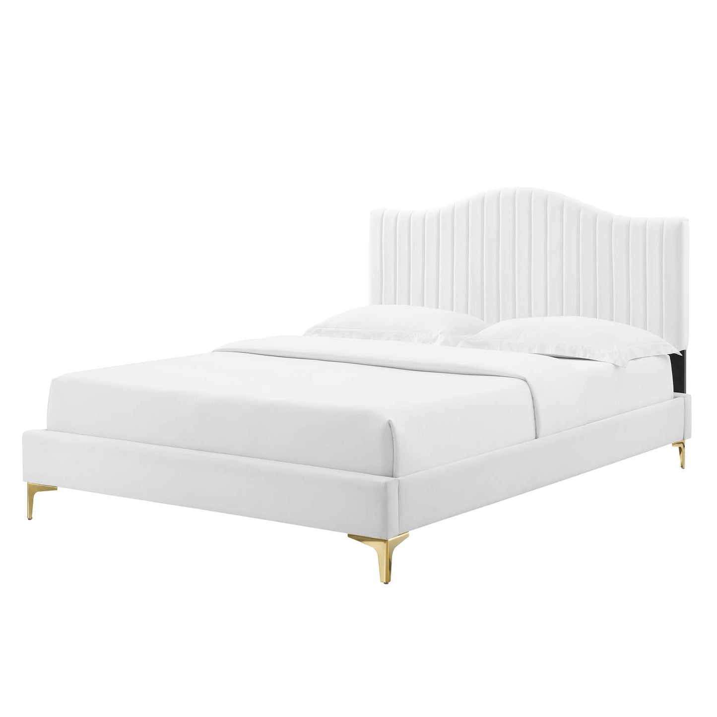 Juniper Channel Tufted Performance Velvet Queen Platform Bed, Velvet, White, 22618