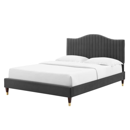 Juniper Channel Tufted Performance Velvet Queen Platform Bed, Velvet, Dark Grey Gray, 22619