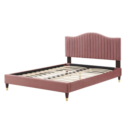 Juniper Channel Tufted Performance Velvet Queen Platform Bed, Velvet, Pink, 22620