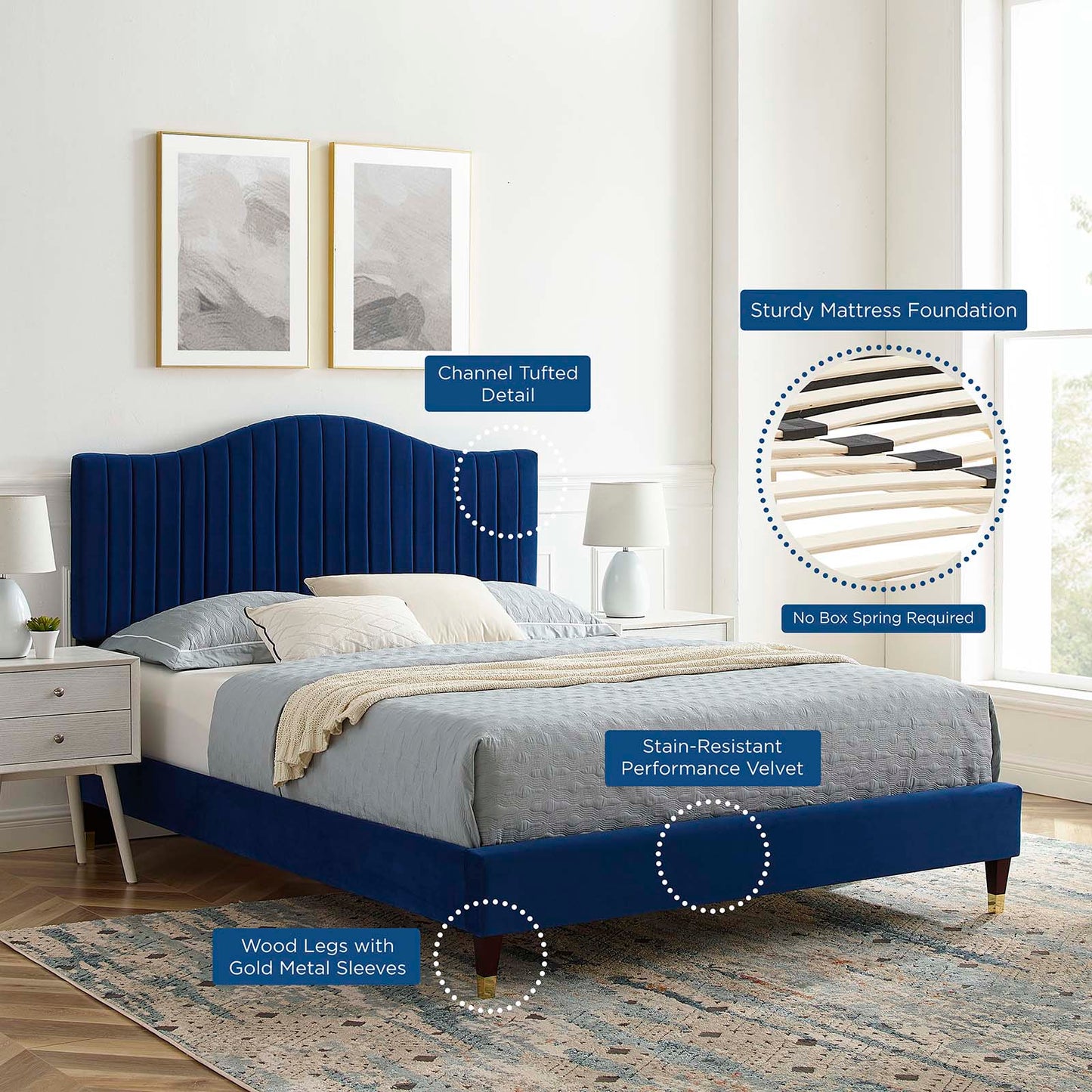 Juniper Channel Tufted Performance Velvet Queen Platform Bed, Velvet, Blue Navy, 22621