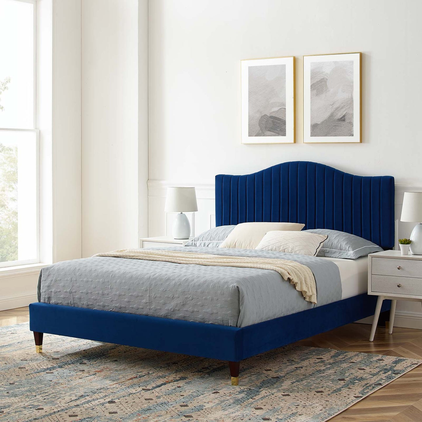 Juniper Channel Tufted Performance Velvet Queen Platform Bed, Velvet, Blue Navy, 22621