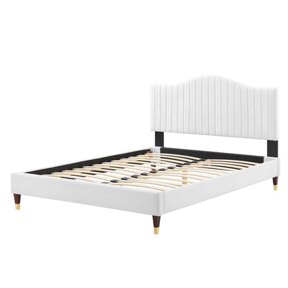 Juniper Channel Tufted Performance Velvet Queen Platform Bed, Velvet, White, 22623