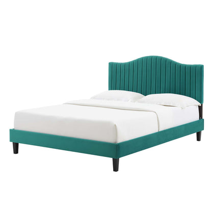 Juniper Channel Tufted Performance Velvet Queen Platform Bed, Velvet, Teal Blue, 22627