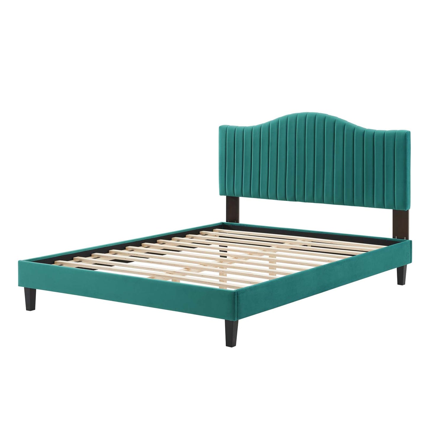 Juniper Channel Tufted Performance Velvet Queen Platform Bed, Velvet, Teal Blue, 22627