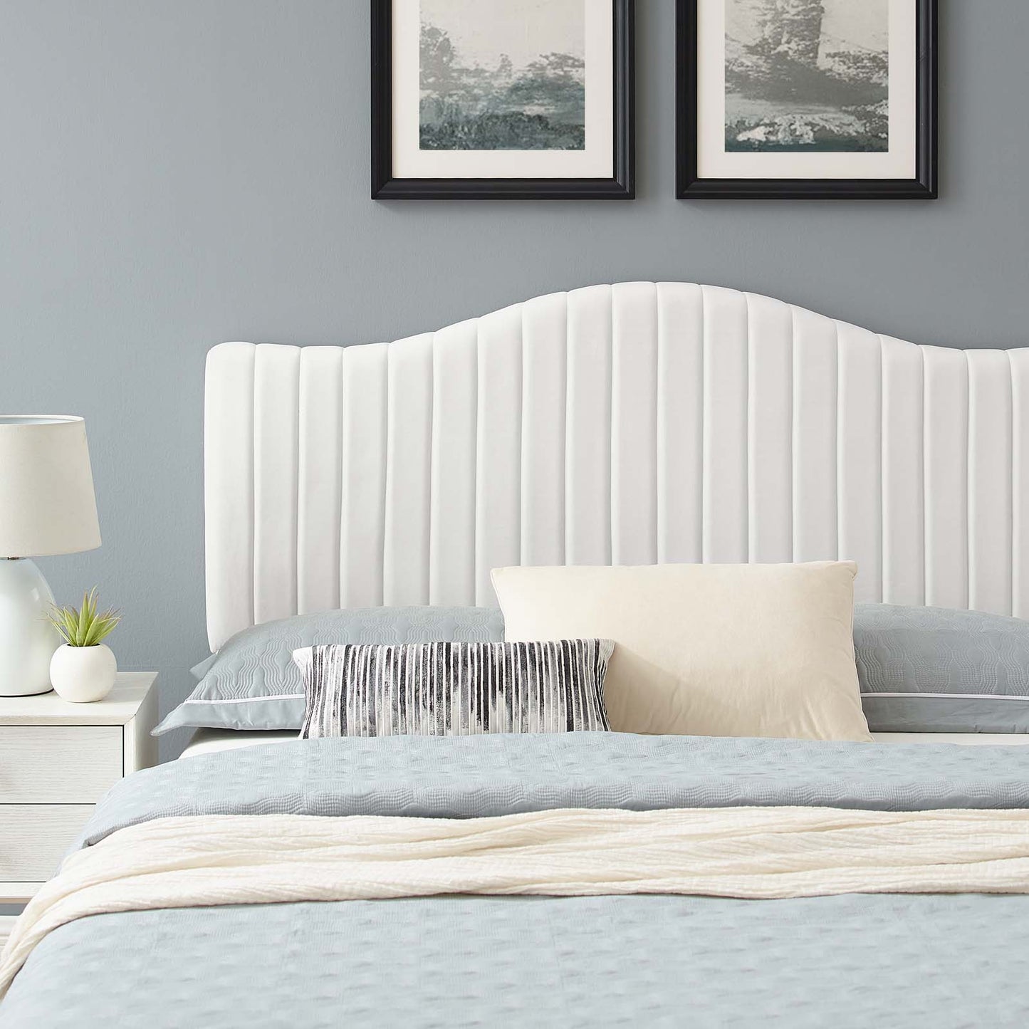Juniper Channel Tufted Performance Velvet Queen Platform Bed, Velvet, White, 22628