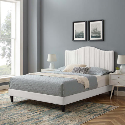 Juniper Channel Tufted Performance Velvet Queen Platform Bed, Velvet, White, 22628