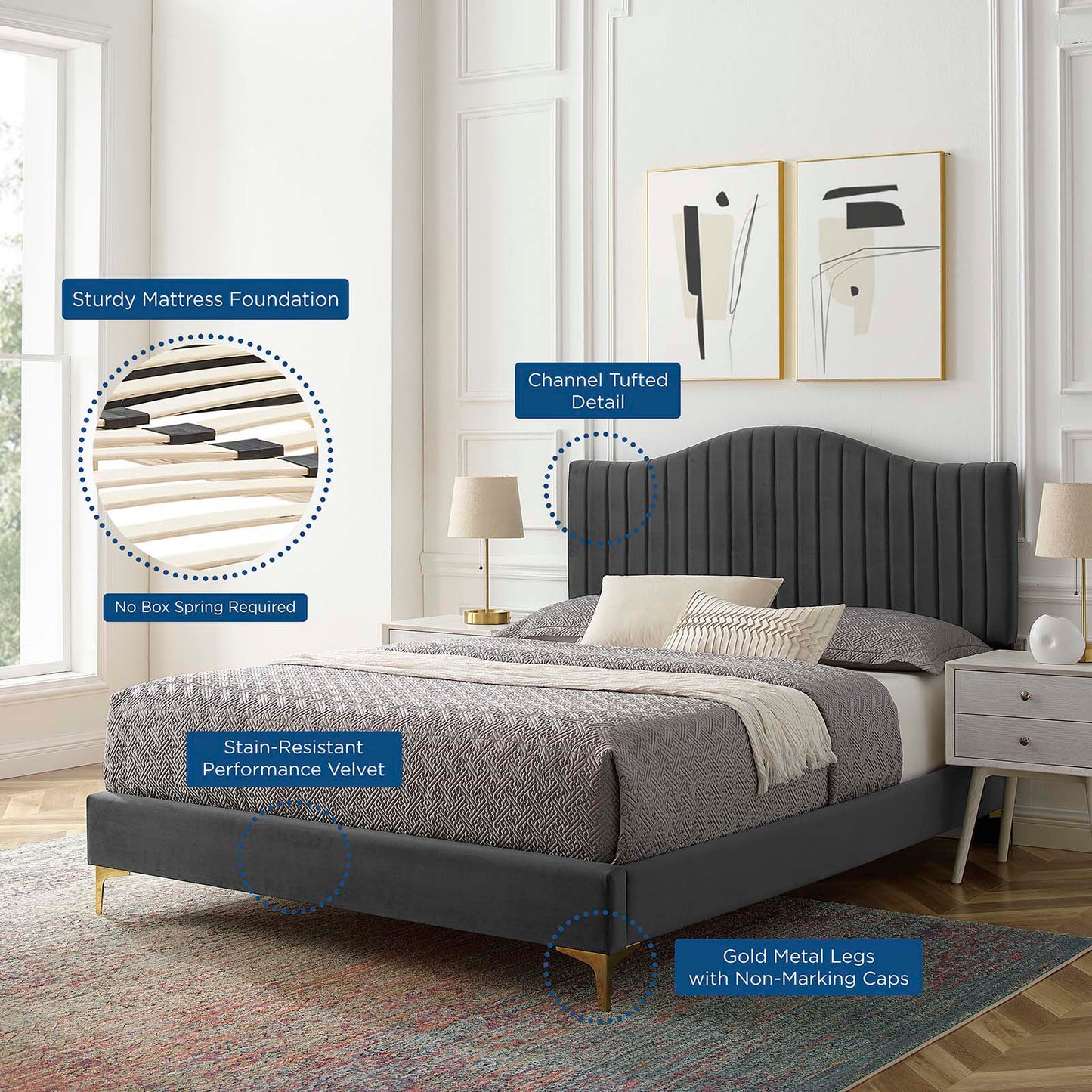Juniper Channel Tufted Performance Velvet Twin Platform Bed, Velvet, Dark Grey Gray, 22629