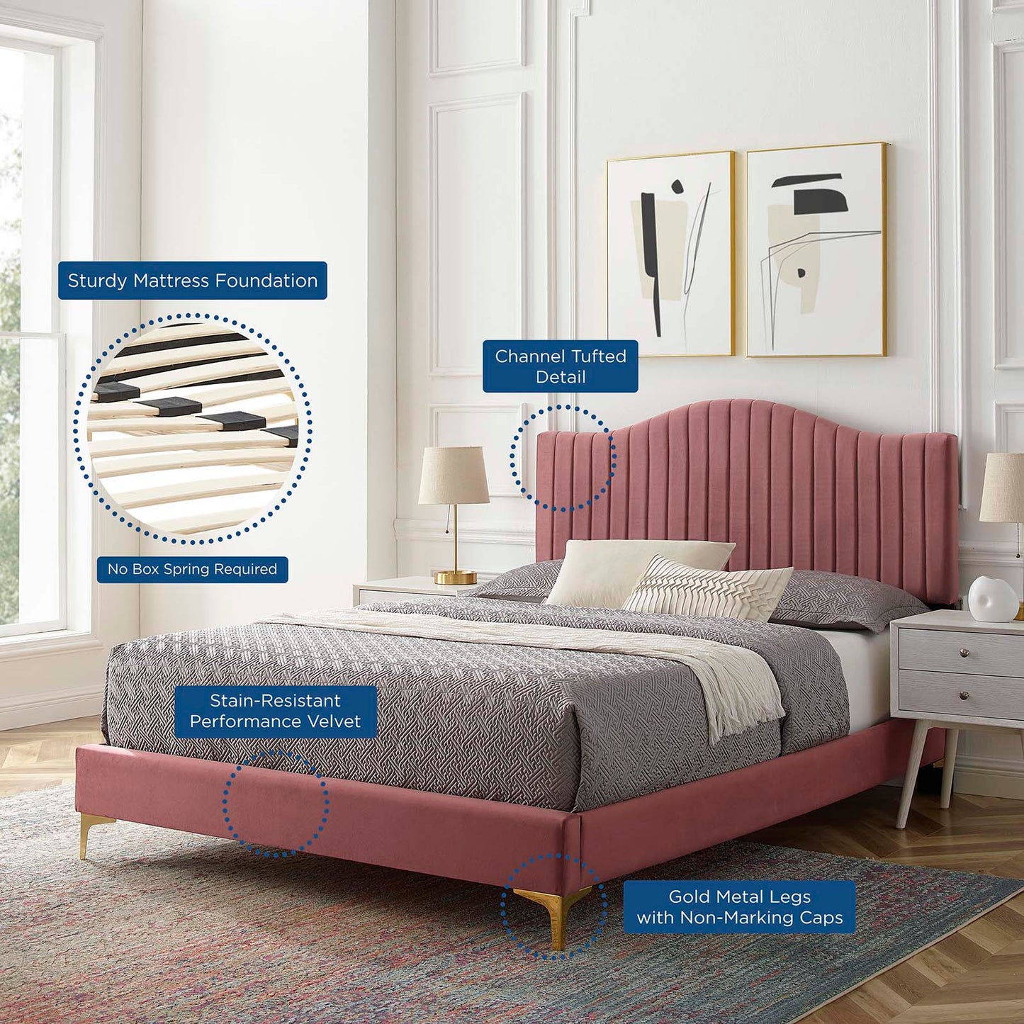 Juniper Channel Tufted Performance Velvet Twin Platform Bed, Velvet, Pink, 22630