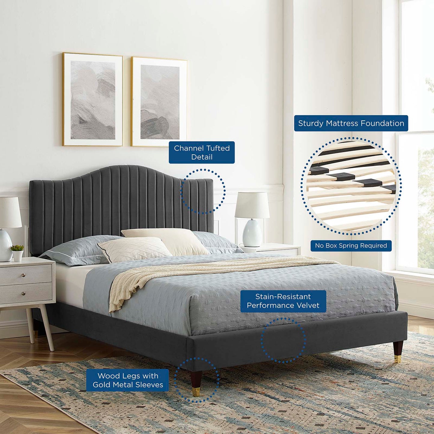 Juniper Channel Tufted Performance Velvet Twin Platform Bed, Velvet, Dark Grey Gray, 22634