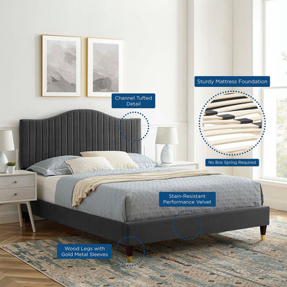 Juniper Channel Tufted Performance Velvet Twin Platform Bed, Velvet, Dark Grey Gray, 22634