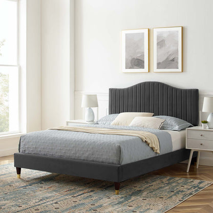 Juniper Channel Tufted Performance Velvet Twin Platform Bed, Velvet, Dark Grey Gray, 22634