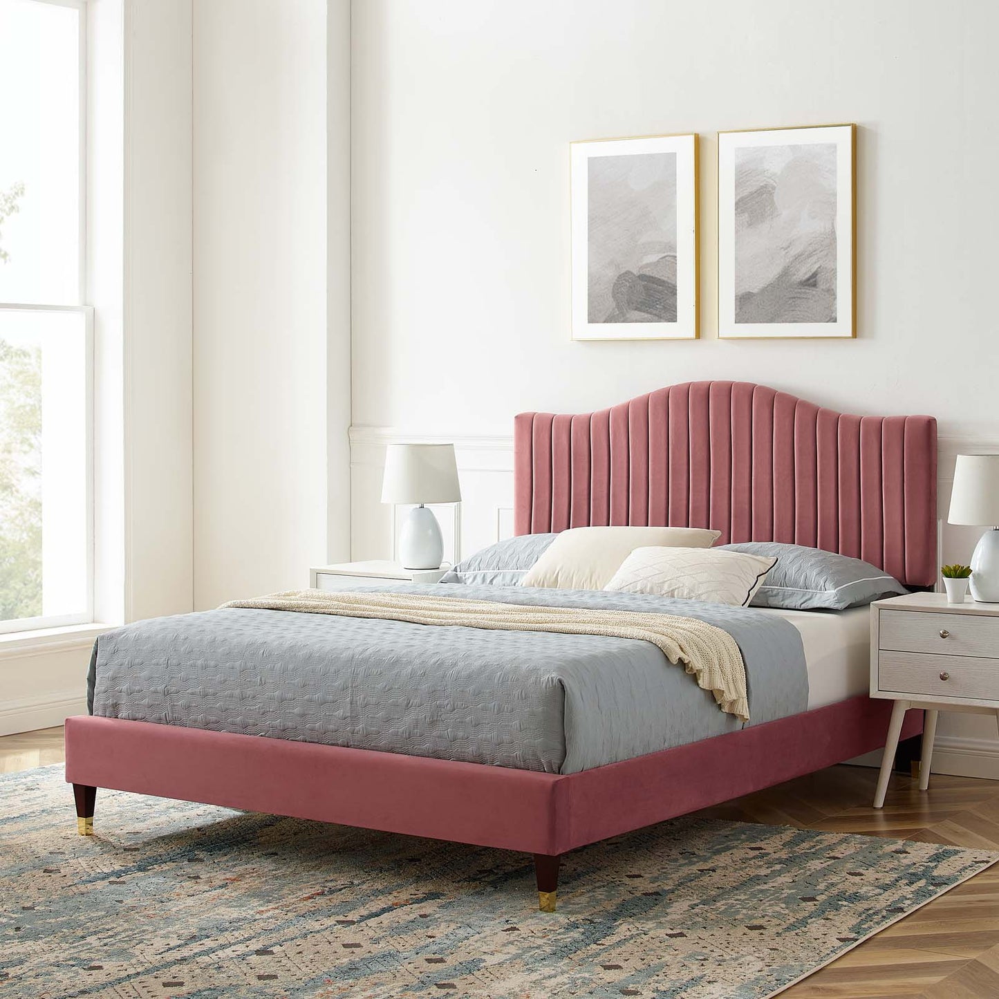 Juniper Channel Tufted Performance Velvet Twin Platform Bed, Velvet, Pink, 22635