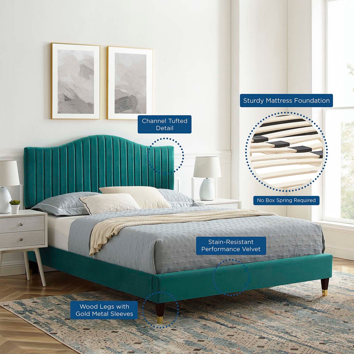 Juniper Channel Tufted Performance Velvet Twin Platform Bed, Velvet, Teal Blue, 22637