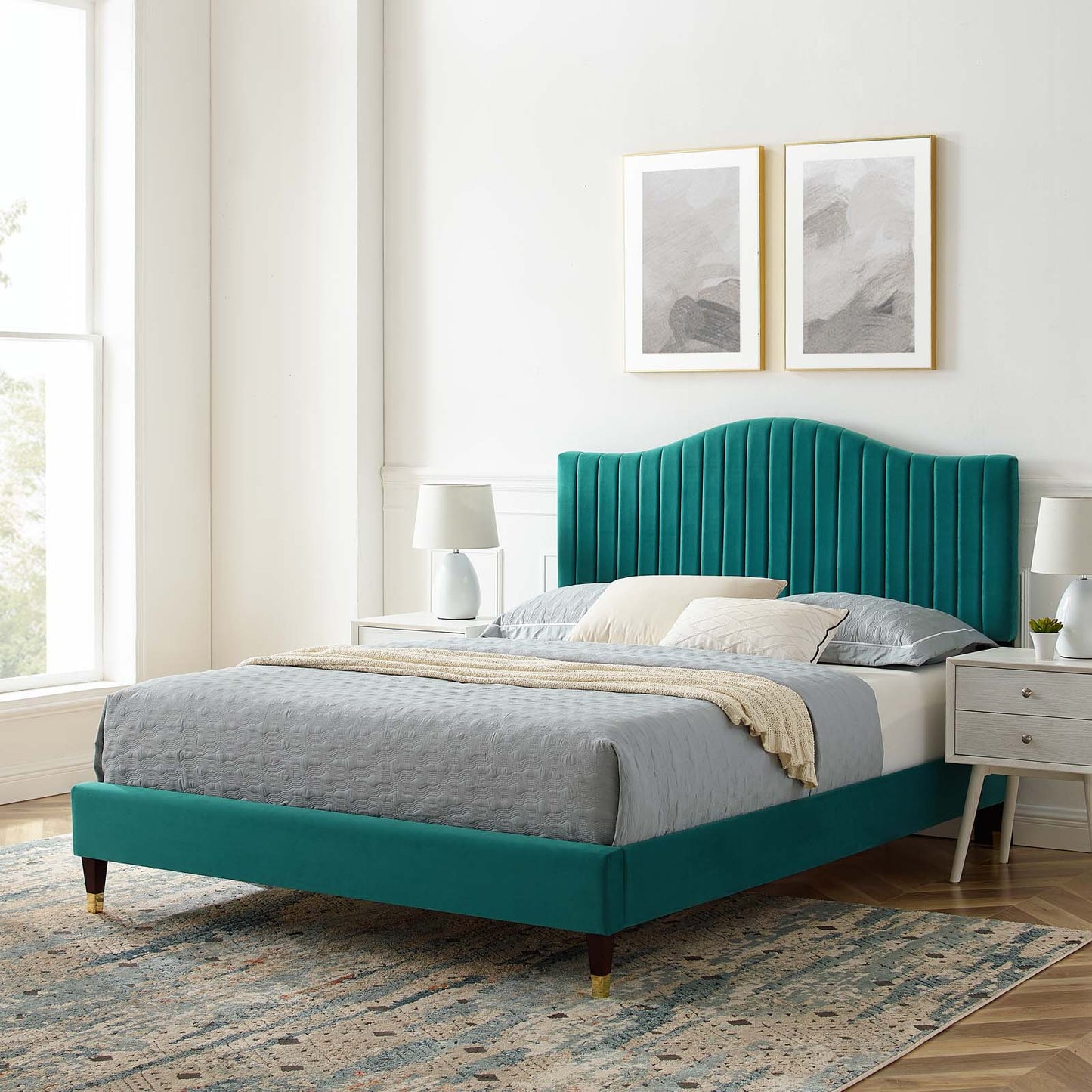 Juniper Channel Tufted Performance Velvet Twin Platform Bed, Velvet, Teal Blue, 22637