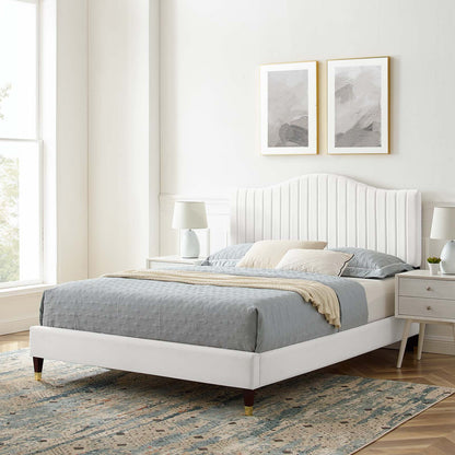 Juniper Channel Tufted Performance Velvet Twin Platform Bed, Velvet, White, 22638