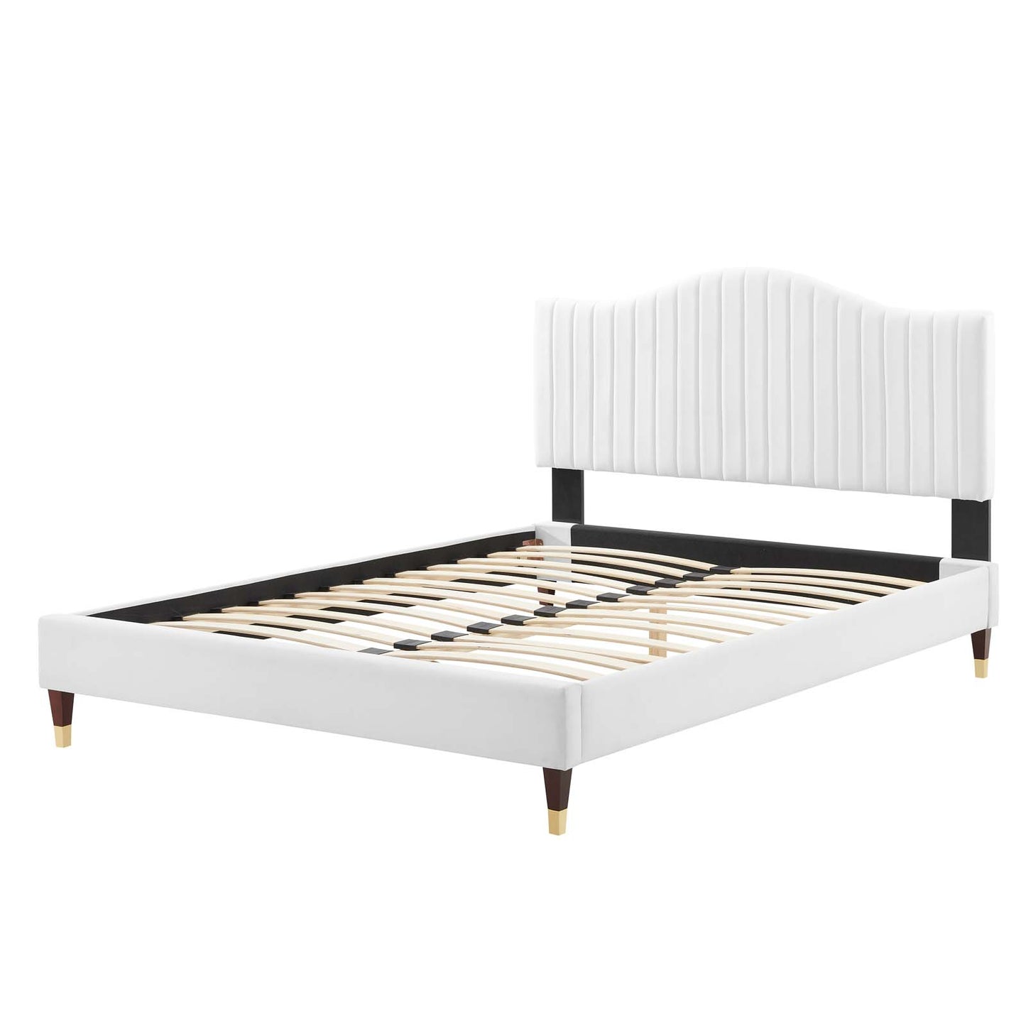 Juniper Channel Tufted Performance Velvet Twin Platform Bed, Velvet, White, 22638