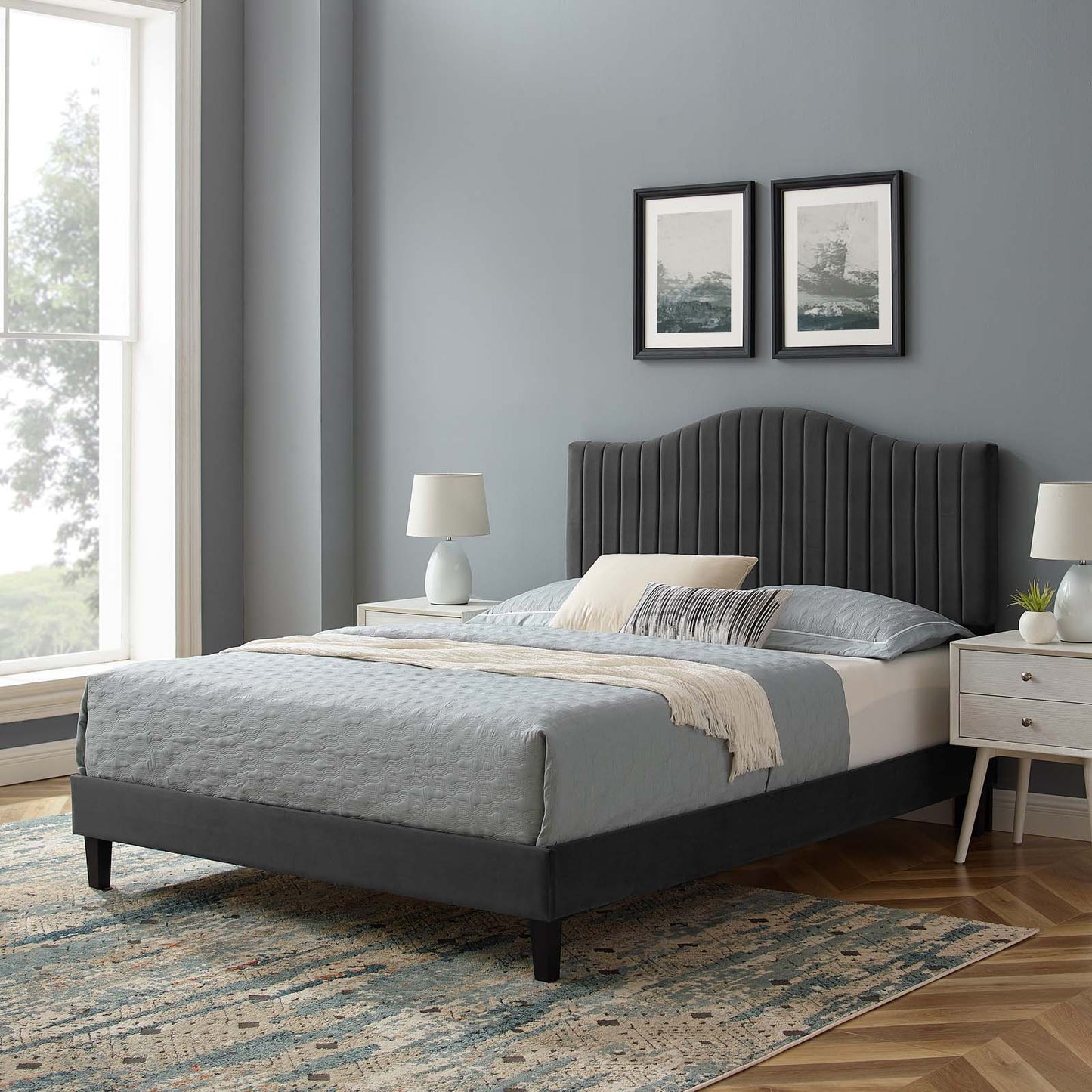 Juniper Channel Tufted Performance Velvet Twin Platform Bed, Velvet, Dark Grey Gray, 22639