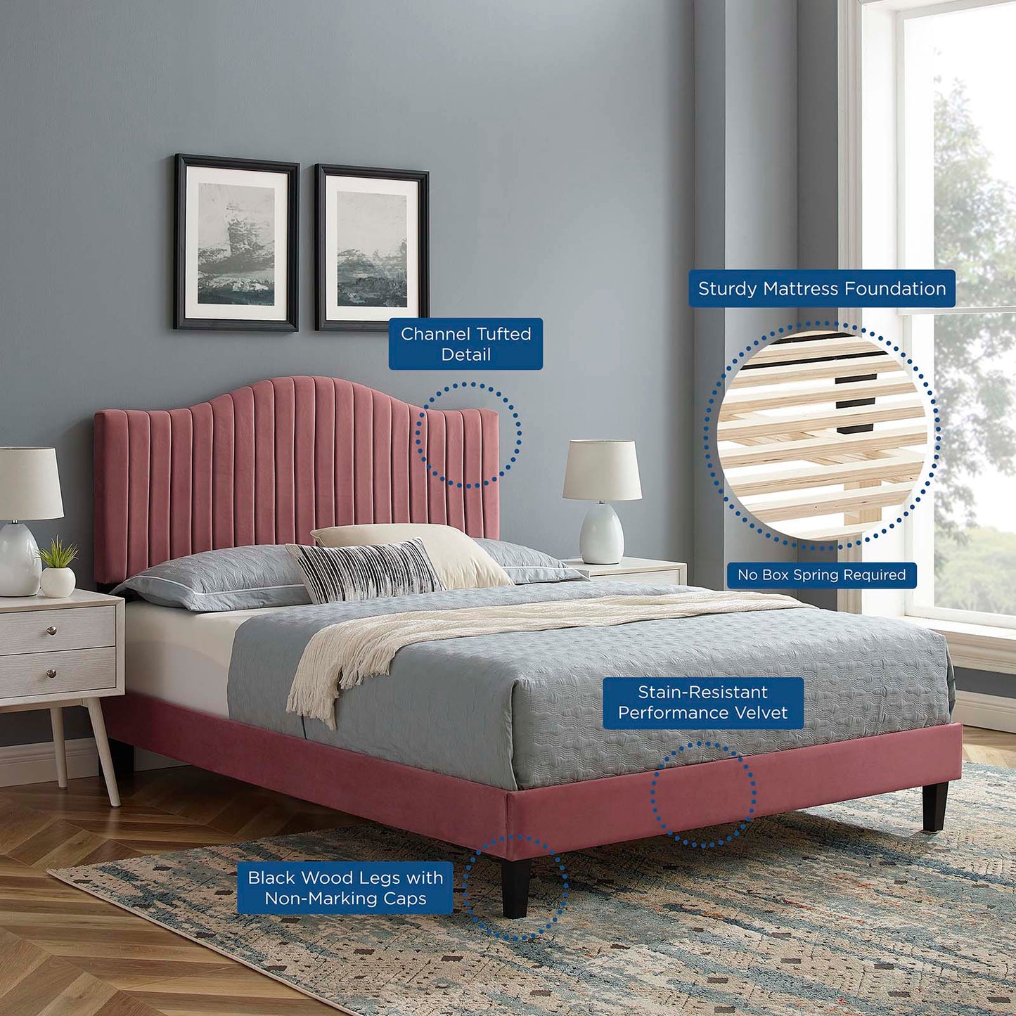 Juniper Channel Tufted Performance Velvet Twin Platform Bed, Velvet, Pink, 22640