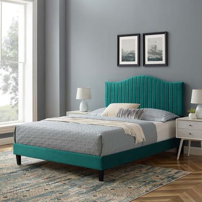 Juniper Channel Tufted Performance Velvet Twin Platform Bed, Velvet, Teal Blue, 22642