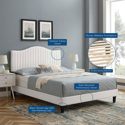 Juniper Channel Tufted Performance Velvet Twin Platform Bed, Velvet, White, 22643