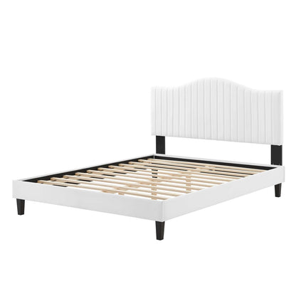 Juniper Channel Tufted Performance Velvet Twin Platform Bed, Velvet, White, 22643