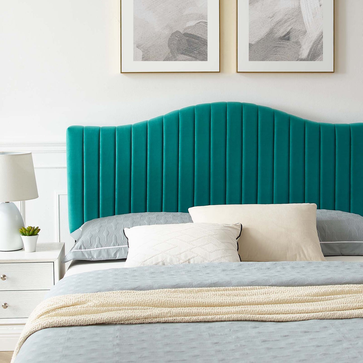 Juniper Channel Tufted Performance Velvet Full Platform Bed, Velvet, Teal Blue, 22652