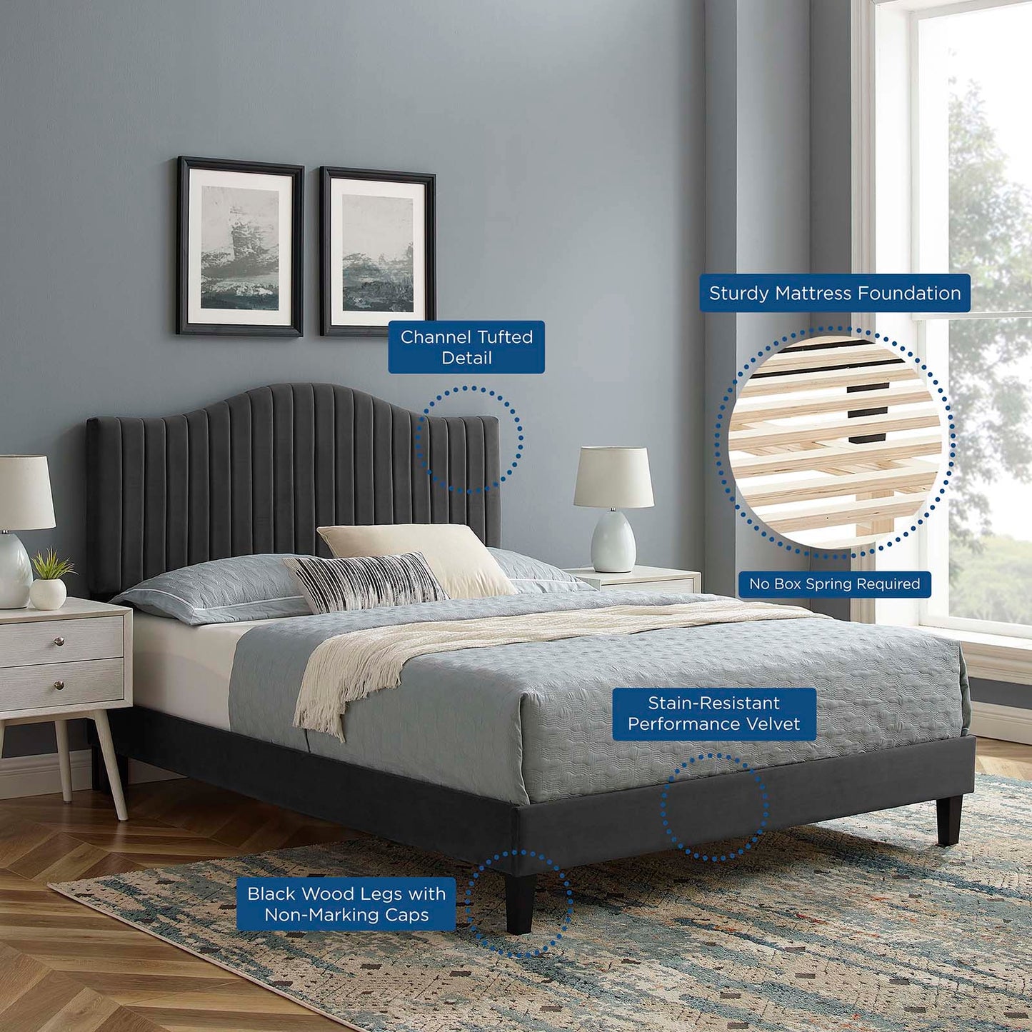 Juniper Channel Tufted Performance Velvet Full Platform Bed, Velvet, Dark Grey Gray, 22654