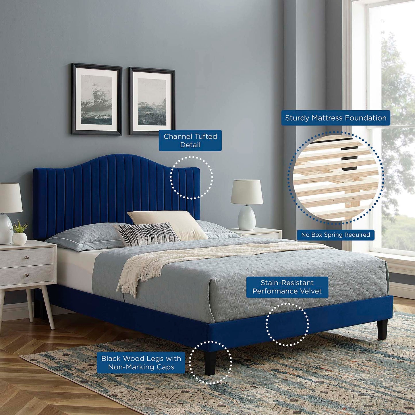 Juniper Channel Tufted Performance Velvet Full Platform Bed, Velvet, Blue Navy, 22656