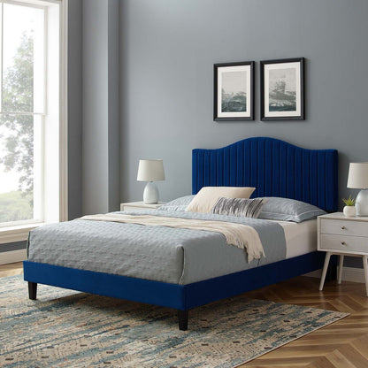 Juniper Channel Tufted Performance Velvet Full Platform Bed, Velvet, Blue Navy, 22656