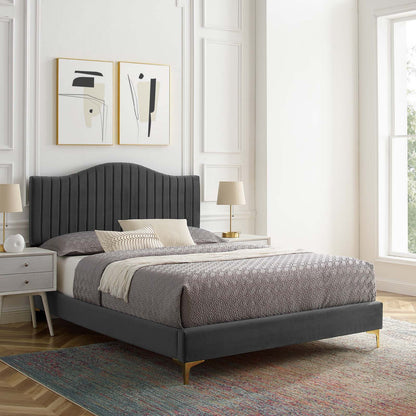 Juniper Channel Tufted Performance Velvet King Platform Bed, Velvet, Dark Grey Gray, 22659