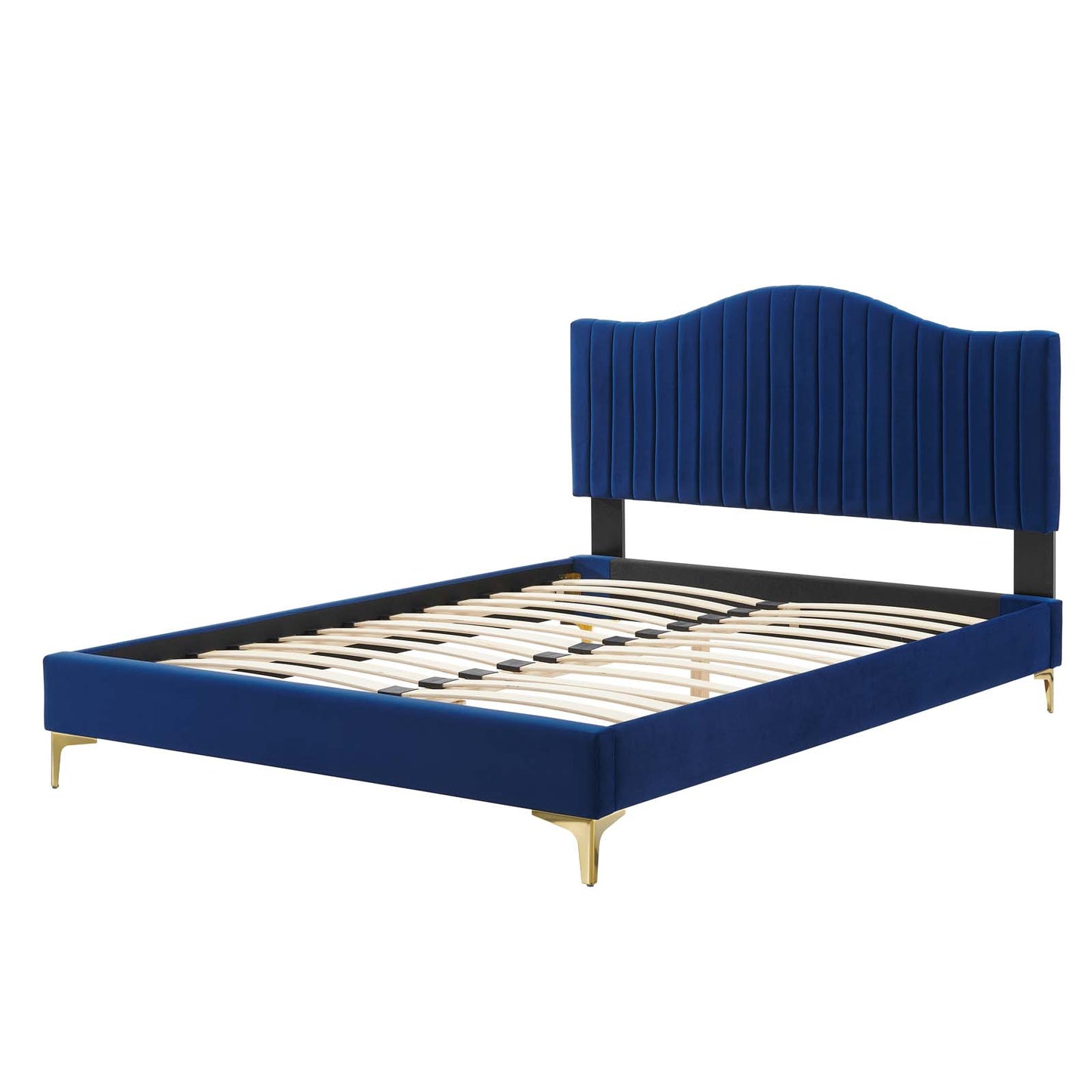 Juniper Channel Tufted Performance Velvet King Platform Bed, Velvet, Blue Navy, 22661