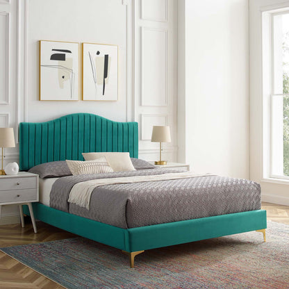 Juniper Channel Tufted Performance Velvet King Platform Bed, Velvet, Teal Blue, 22662