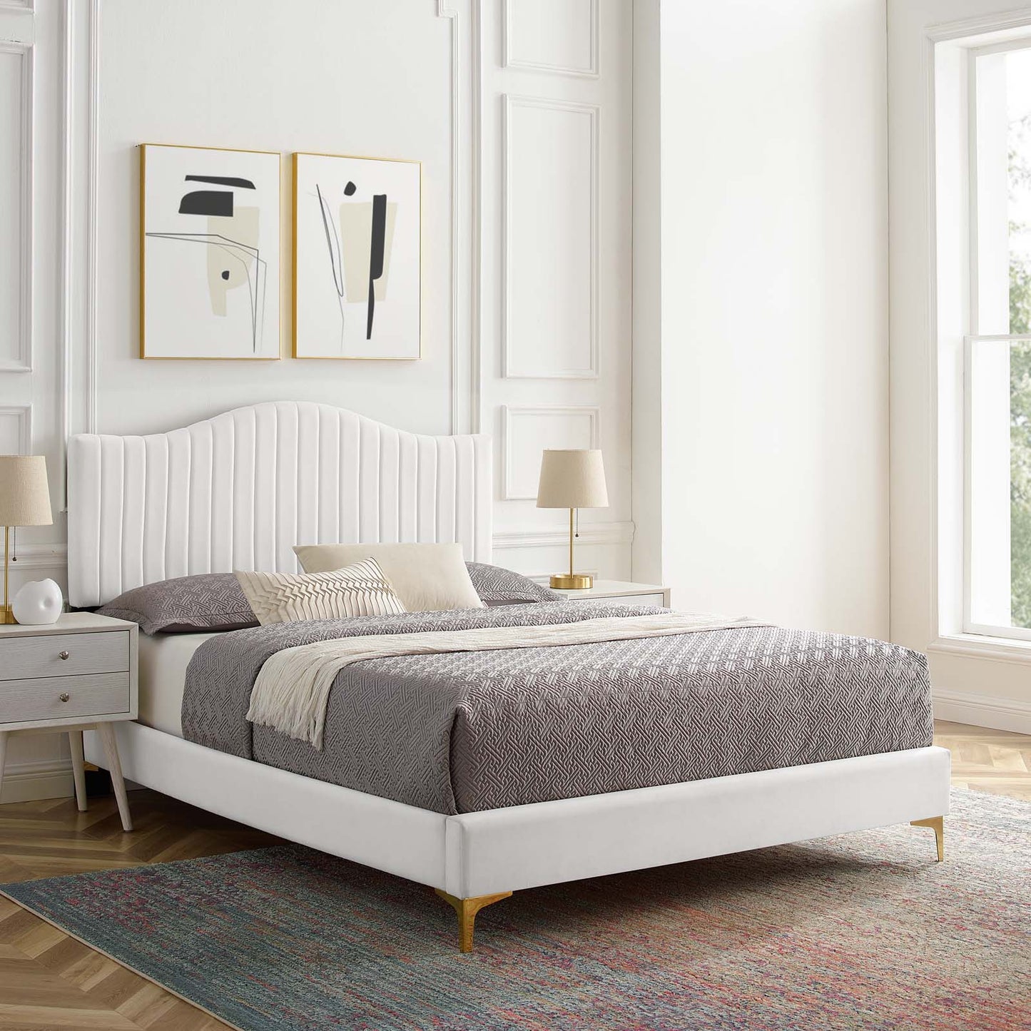 Juniper Channel Tufted Performance Velvet King Platform Bed, Velvet, White, 22663