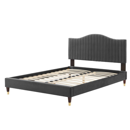 Juniper Channel Tufted Performance Velvet King Platform Bed, Velvet, Dark Grey Gray, 22664