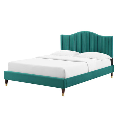 Juniper Channel Tufted Performance Velvet King Platform Bed, Velvet, Teal Blue, 22667