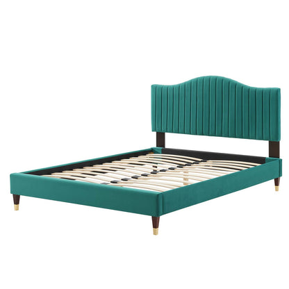 Juniper Channel Tufted Performance Velvet King Platform Bed, Velvet, Teal Blue, 22667