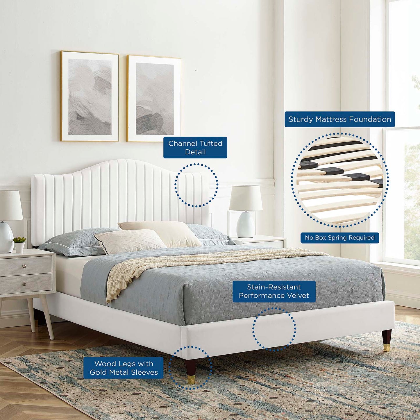 Juniper Channel Tufted Performance Velvet King Platform Bed, Velvet, White, 22668