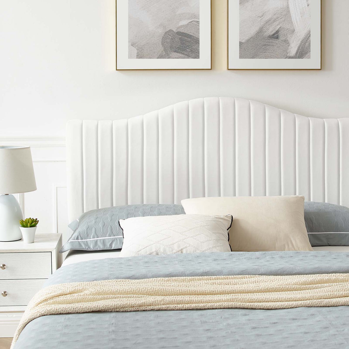 Juniper Channel Tufted Performance Velvet King Platform Bed, Velvet, White, 22668
