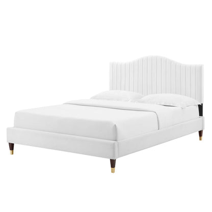 Juniper Channel Tufted Performance Velvet King Platform Bed, Velvet, White, 22668