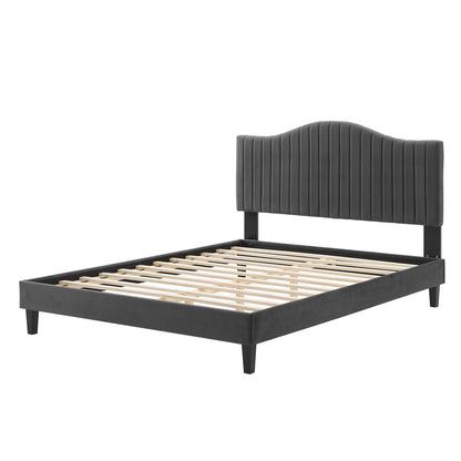 Juniper Channel Tufted Performance Velvet King Platform Bed, Velvet, Dark Grey Gray, 22669