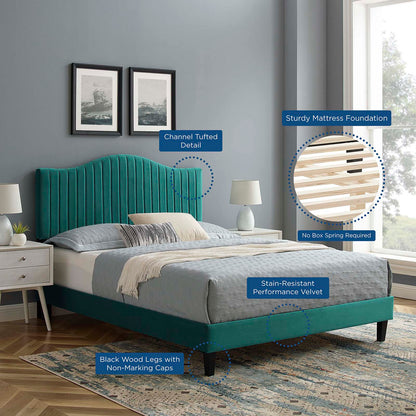 Juniper Channel Tufted Performance Velvet King Platform Bed, Velvet, Teal Blue, 22672